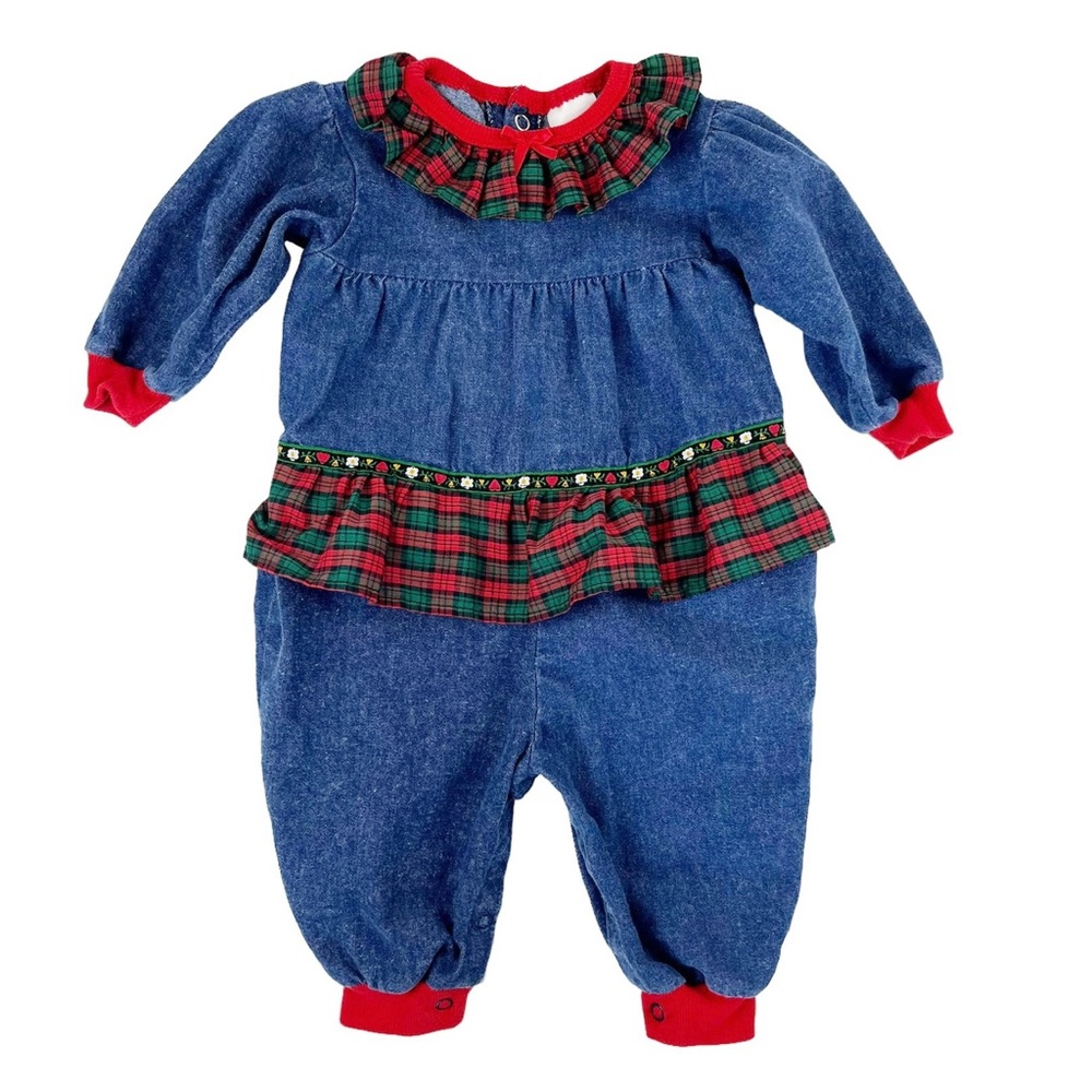 Vintage Buster Brown Red Plaid Denim Romper Ruffles Size 6-9 Months